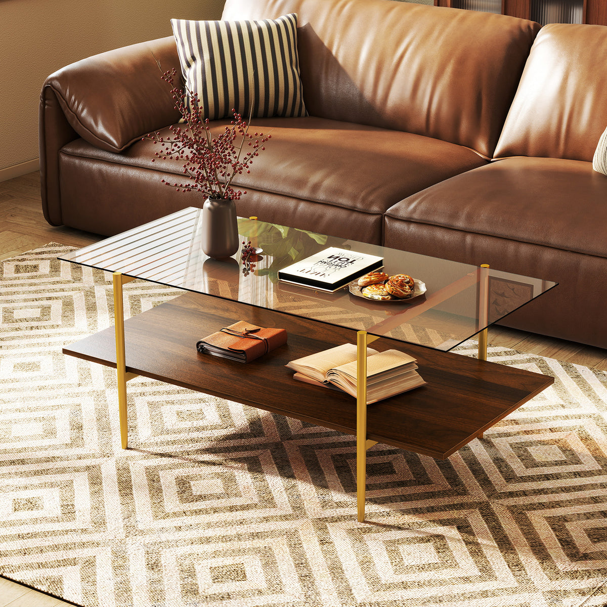 2-Tier Glass Coffee Table with Storage Shelf - Rectangle, Brown