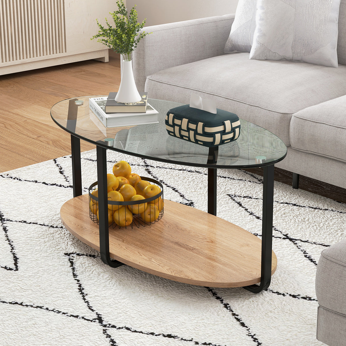 2-Tier Glass Coffee Table with Wooden Shelf