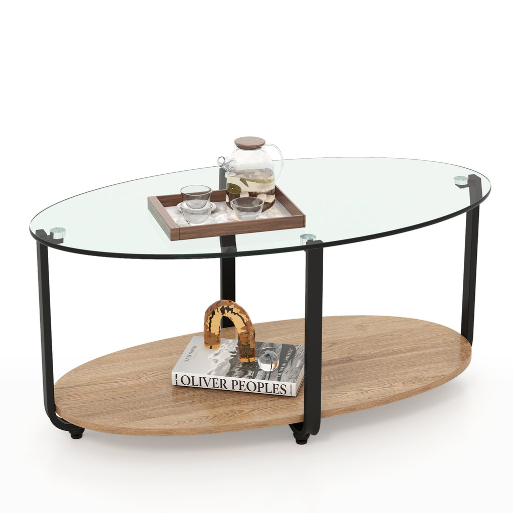 2-Tier Glass Coffee Table with Wooden Shelf
