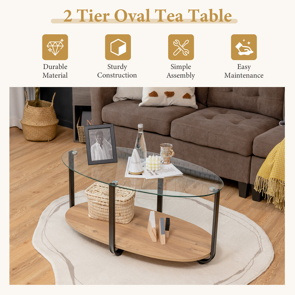 2-Tier Glass Coffee Table with Wooden Shelf