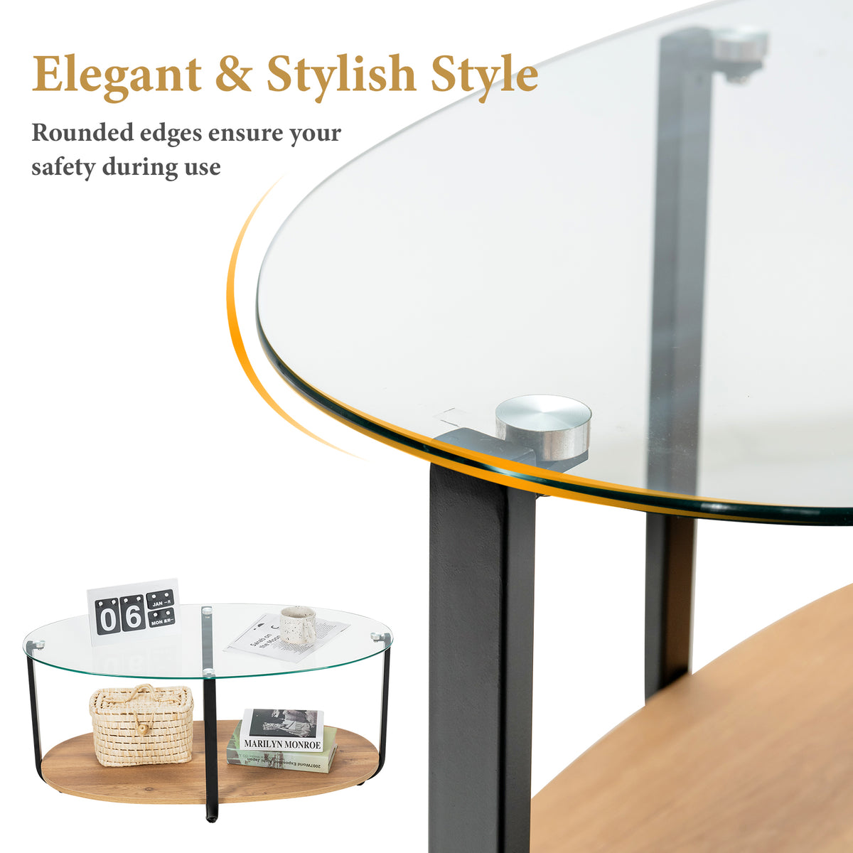2-Tier Glass Coffee Table with Wooden Shelf