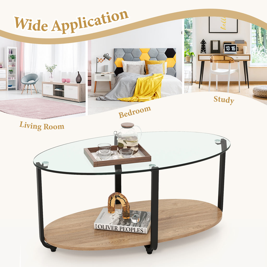 2-Tier Glass Coffee Table with Wooden Shelf