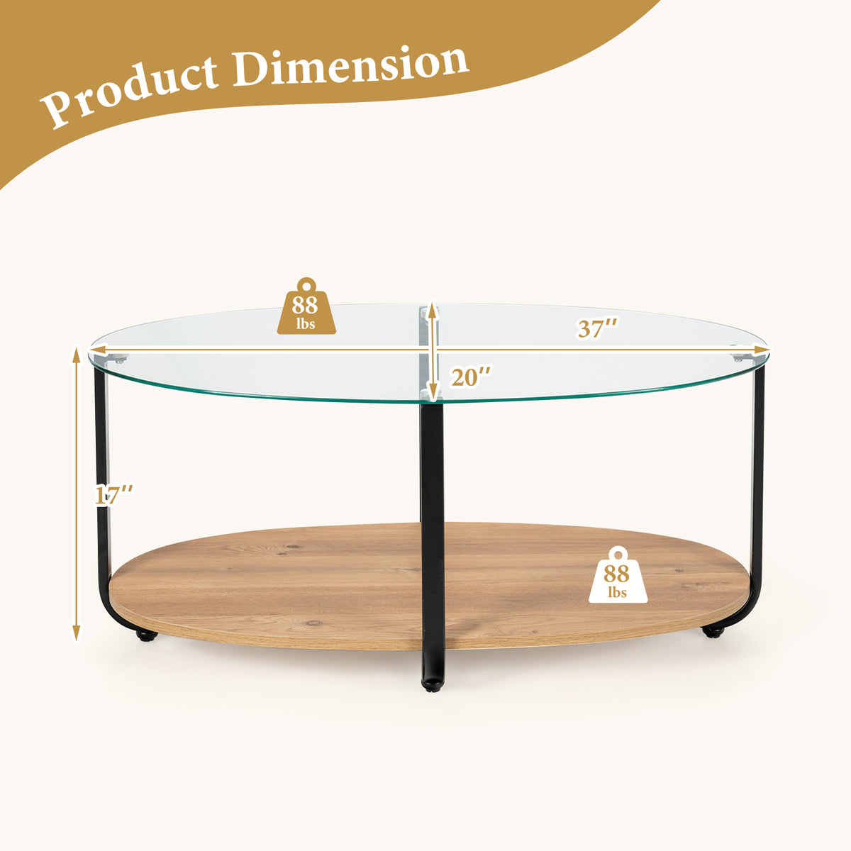 2-Tier Glass Coffee Table with Wooden Shelf