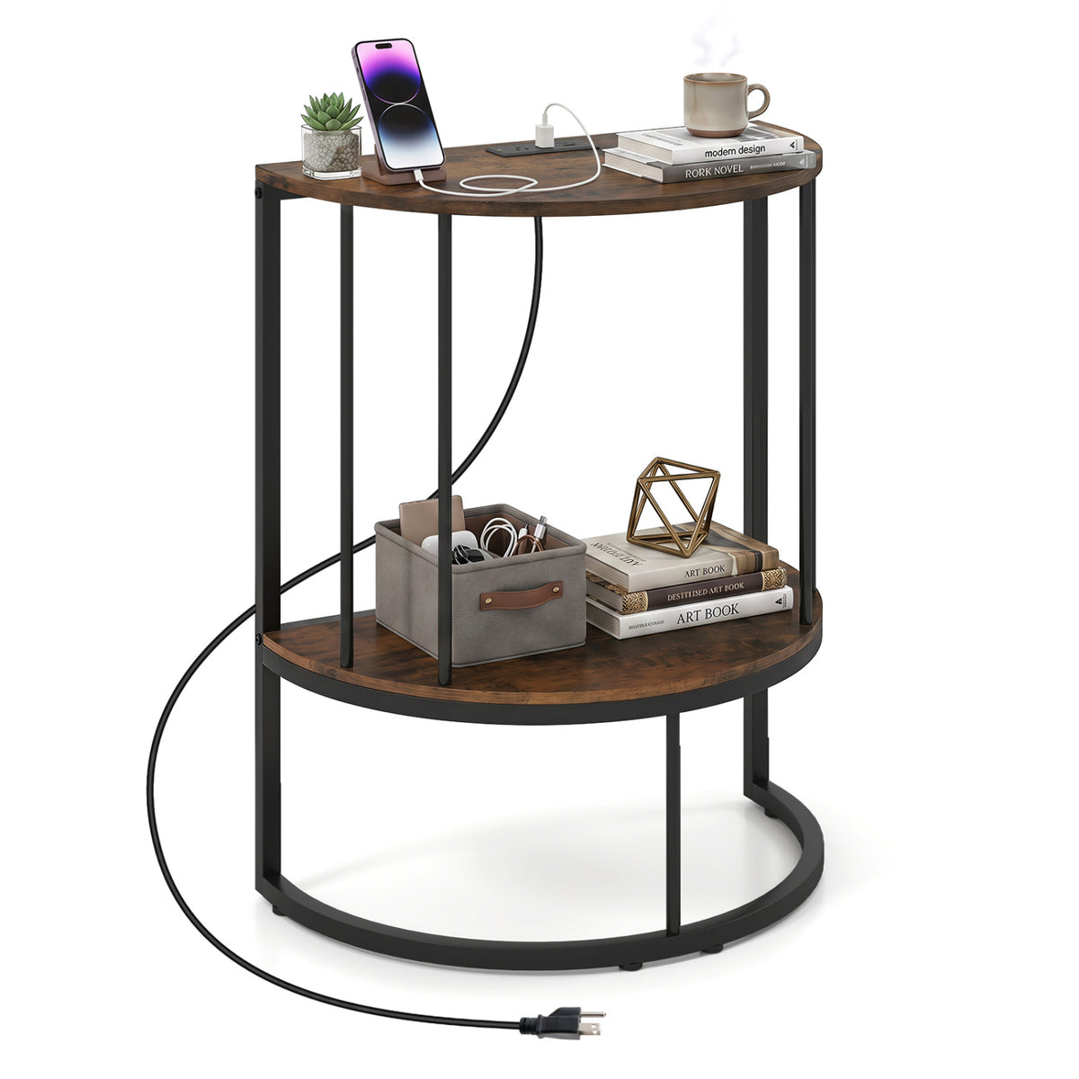 2-Tier Half Moon Console Table with Power Outlets and Storage Shel