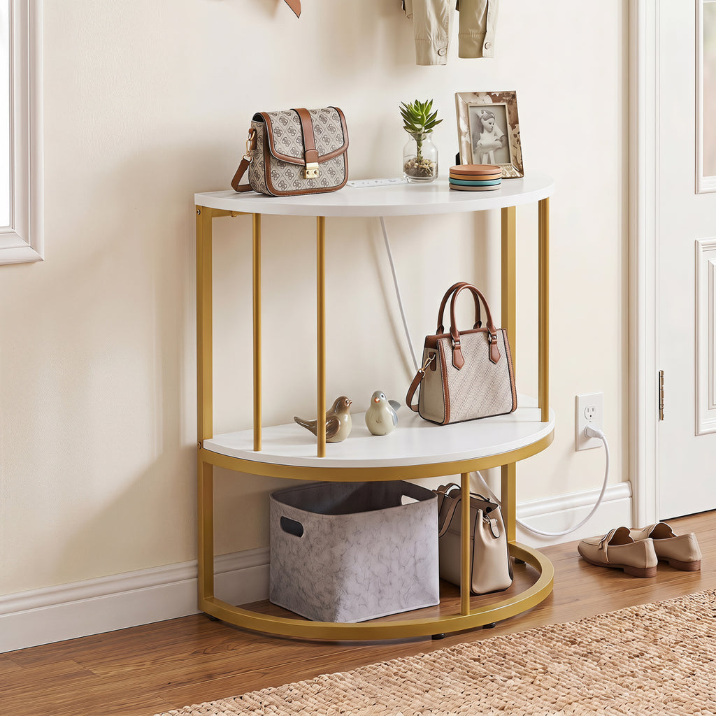 2-Tier Half Moon Console Table with Power Outlets and Storage Shel