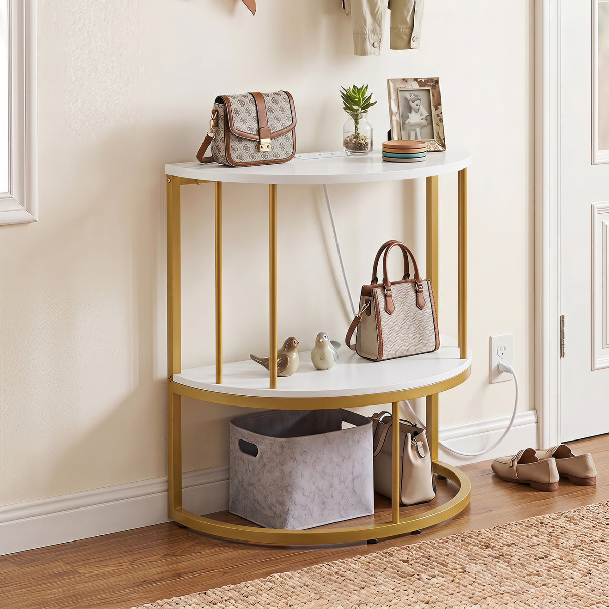 2-Tier Half Moon Console Table with Power Outlets and Storage Shel