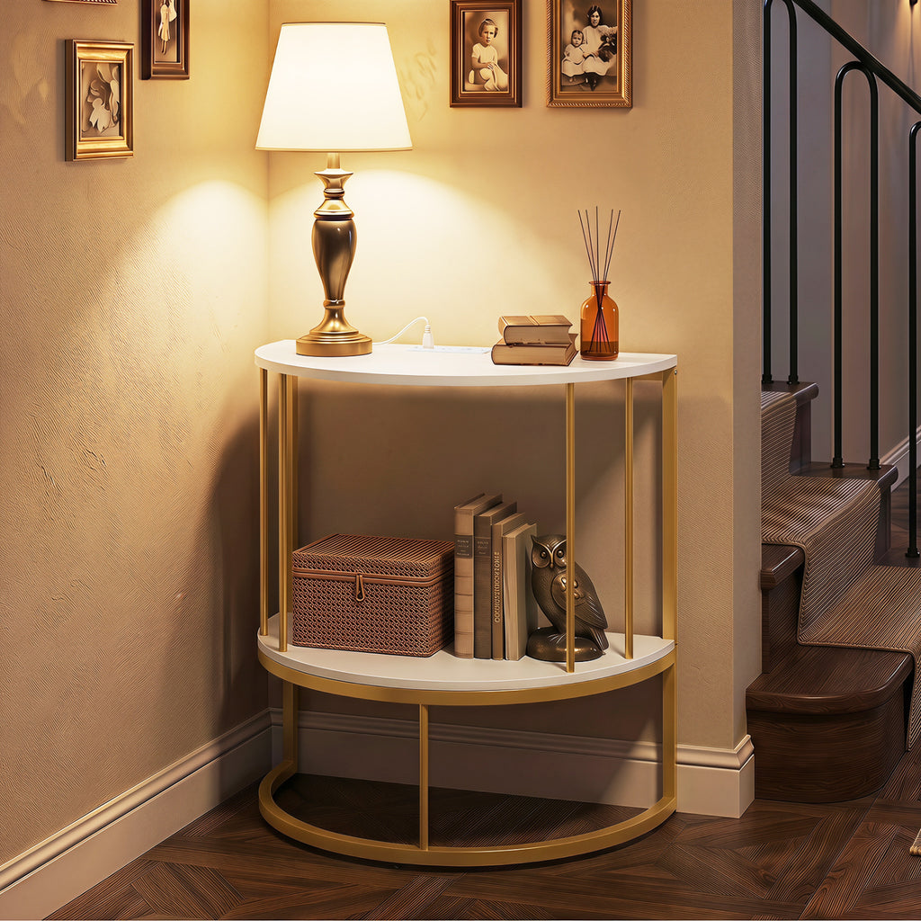 2-Tier Half Moon Console Table with Power Outlets and Storage Shel