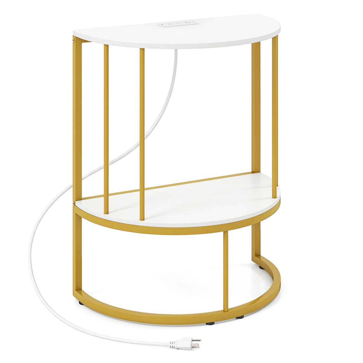 2-Tier Half Moon Console Table with Power Outlets and Storage Shel