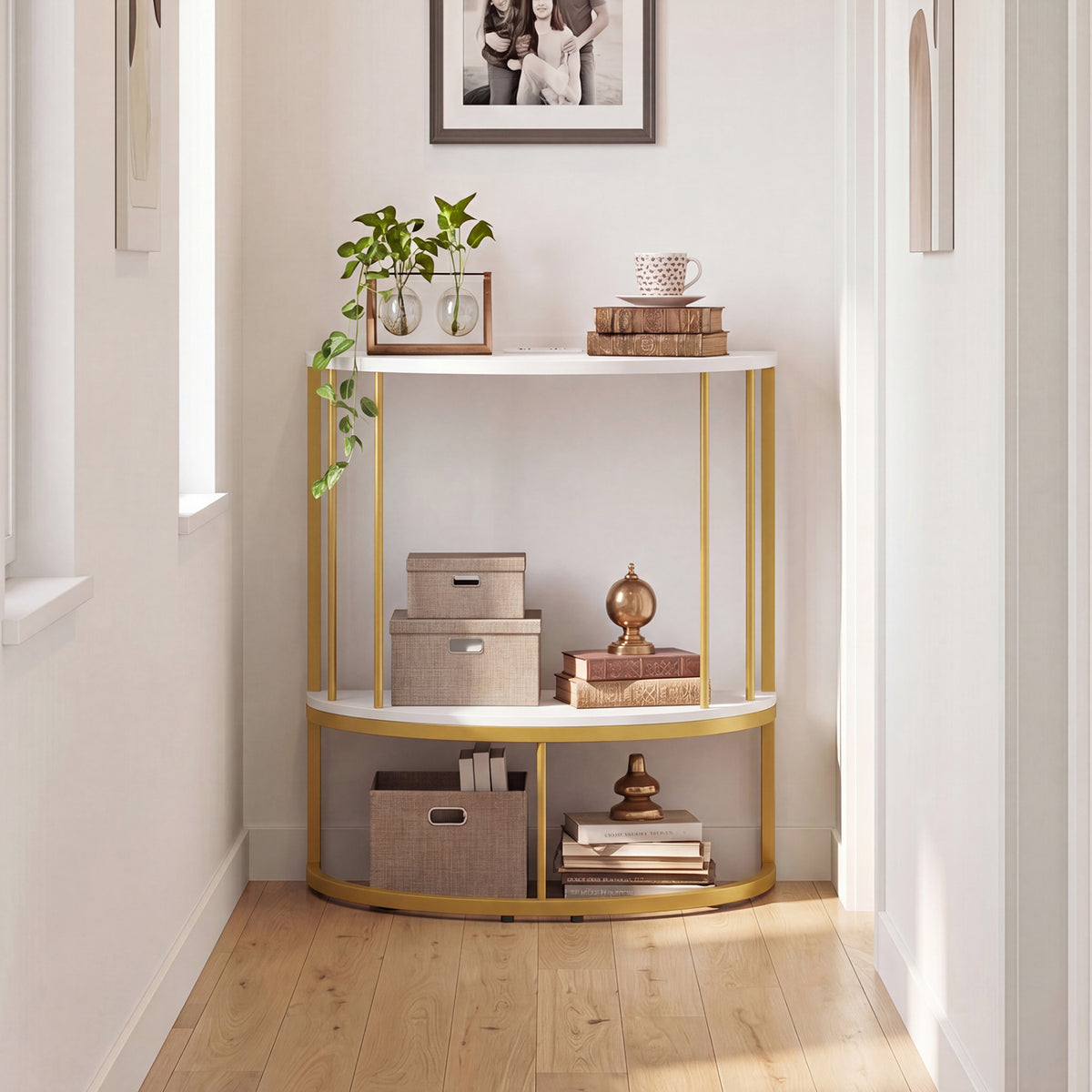 2-Tier Half Moon Console Table with Power Outlets and Storage Shel