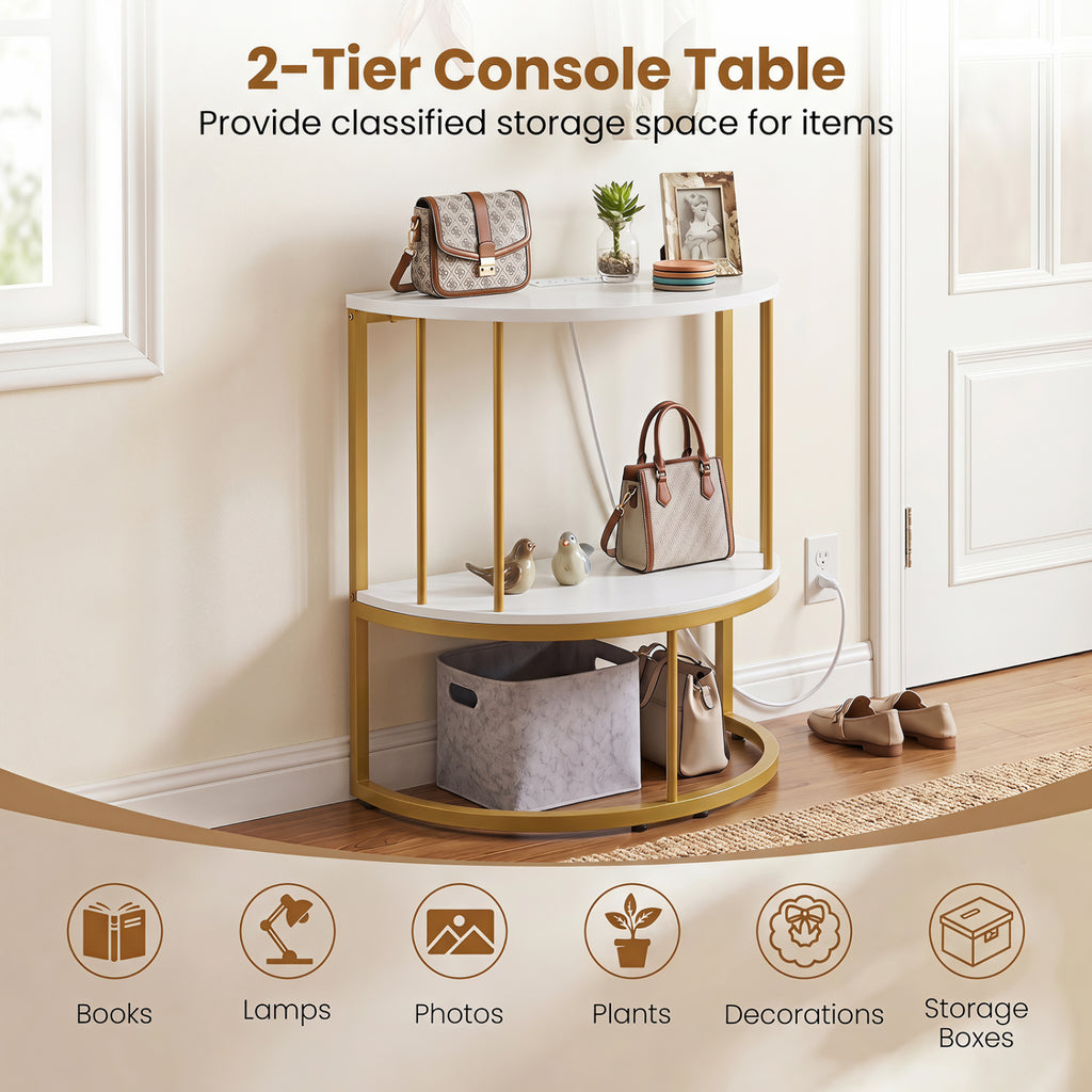 2-Tier Half Moon Console Table with Power Outlets and Storage Shel