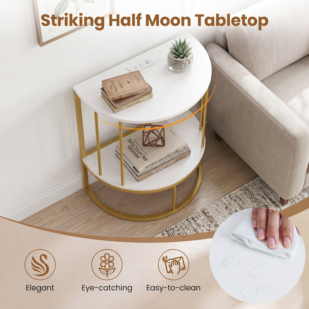 2-Tier Half Moon Console Table with Power Outlets and Storage Shel