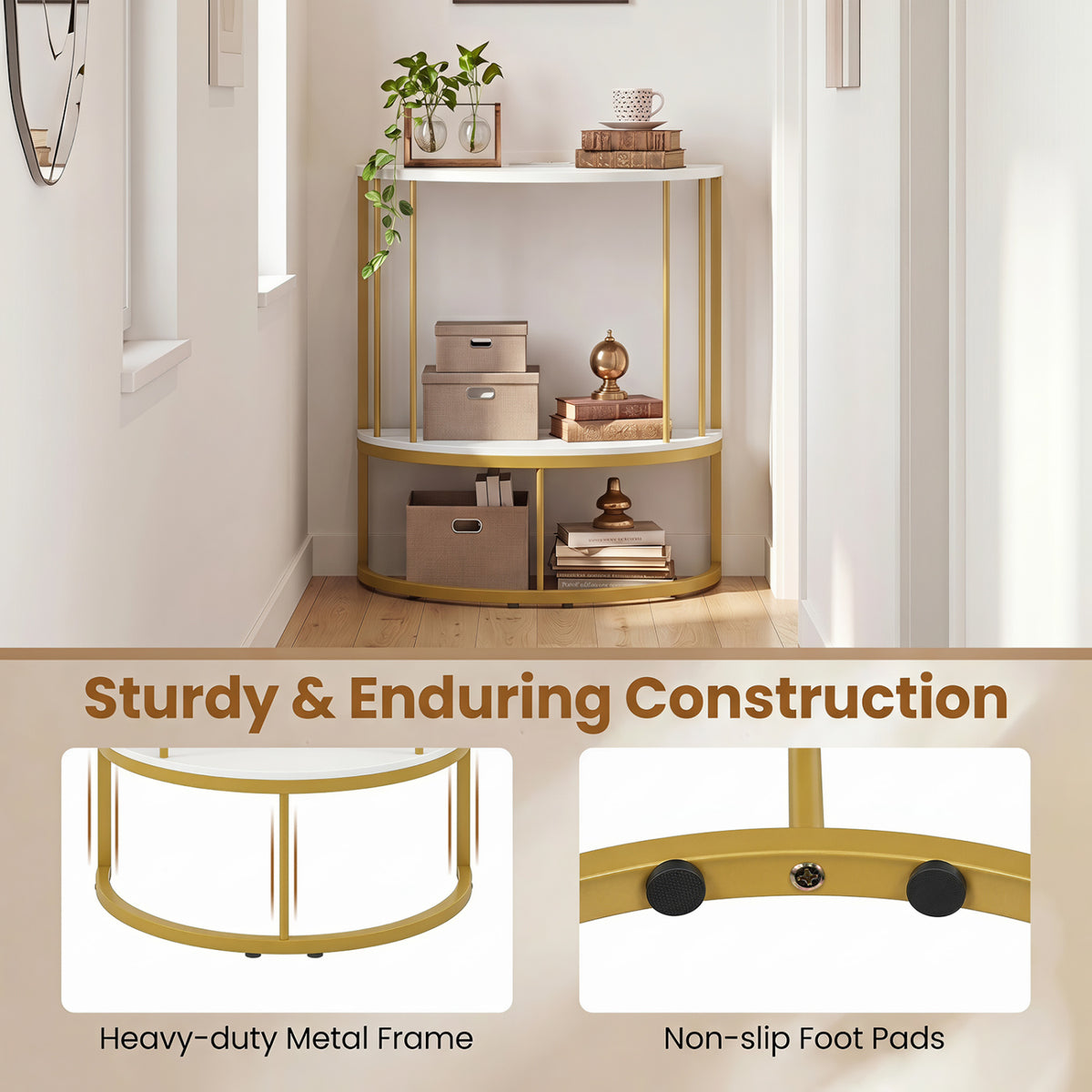 2-Tier Half Moon Console Table with Power Outlets and Storage Shel