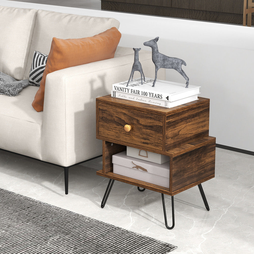 Set of 2 Walnut Wooden Nightstands with Metal Feet