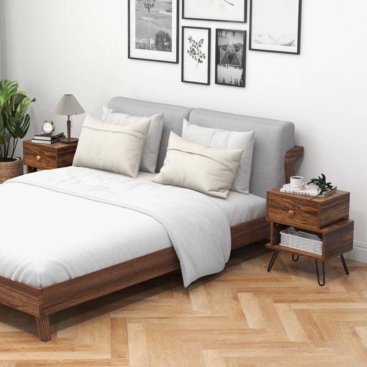 Set of 2 Walnut Wooden Nightstands with Metal Feet