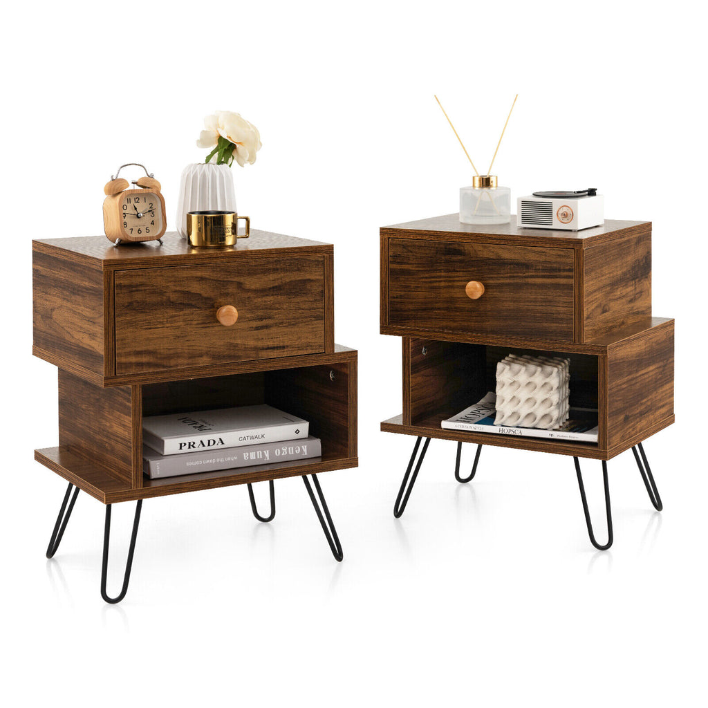 Set of 2 Walnut Wooden Nightstands with Metal Feet