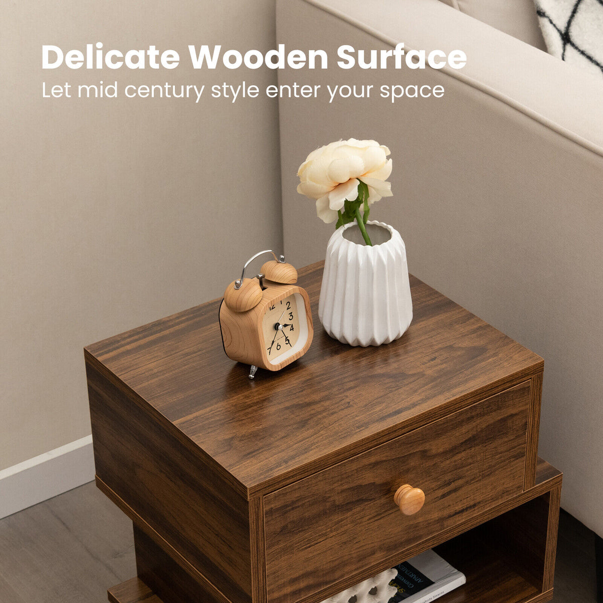 Set of 2 Walnut Wooden Nightstands with Metal Feet