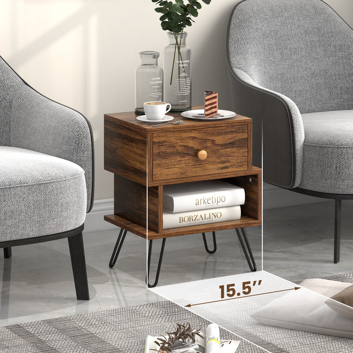 Set of 2 Walnut Wooden Nightstands with Metal Feet
