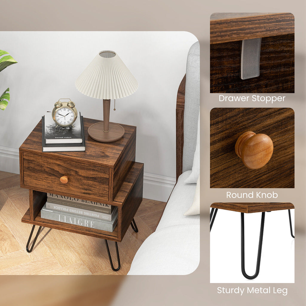 Set of 2 Walnut Wooden Nightstands with Metal Feet
