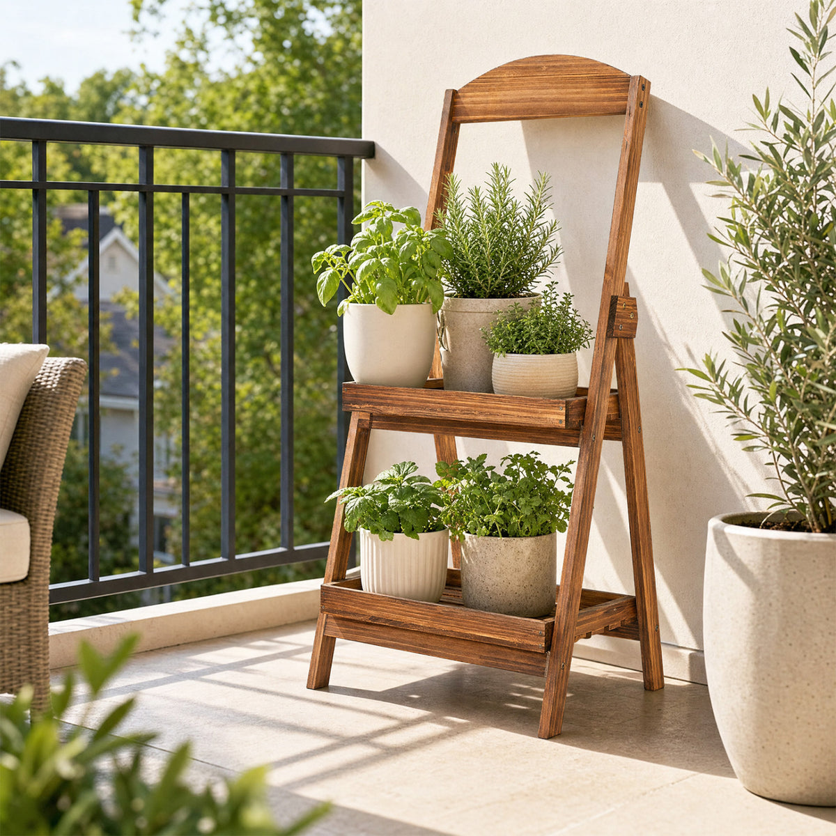 2-Tier Ladder Shelf Rustic Plant Stand with Fir Wood Frame