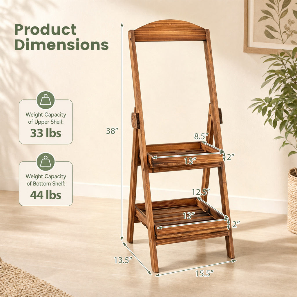 2-Tier Ladder Shelf Rustic Plant Stand with Fir Wood Frame