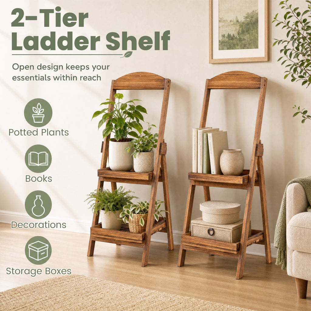 2-Tier Ladder Shelf Rustic Plant Stand with Fir Wood Frame