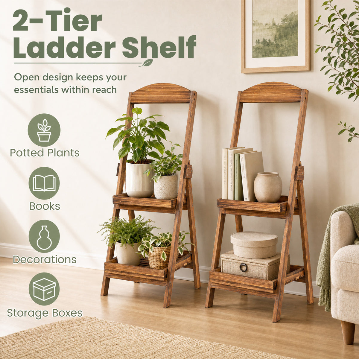 2-Tier Ladder Shelf Rustic Plant Stand with Fir Wood Frame