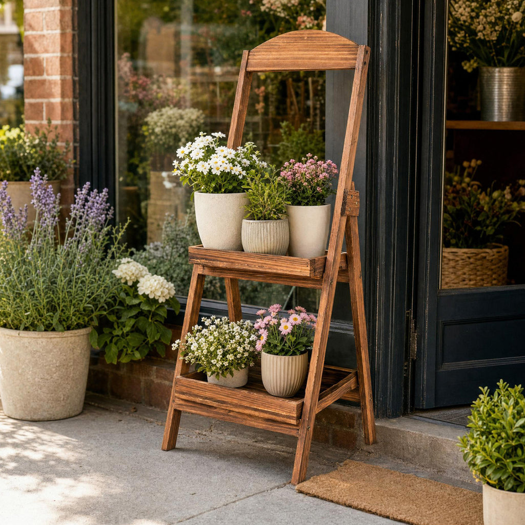 2-Tier Ladder Shelf Rustic Plant Stand with Fir Wood Frame