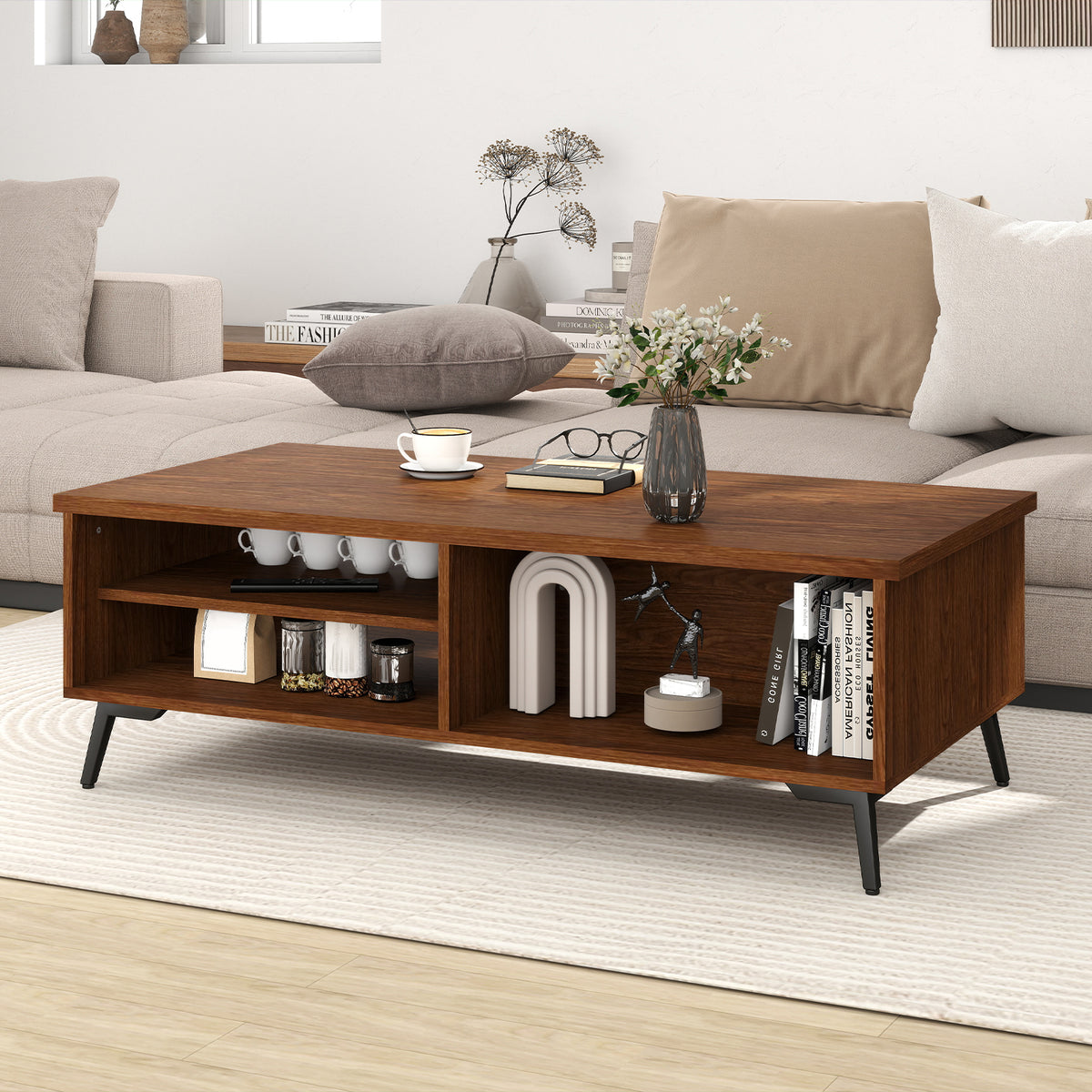 2-Tier Mid Century Modern Coffee Table with Storage - Walnut