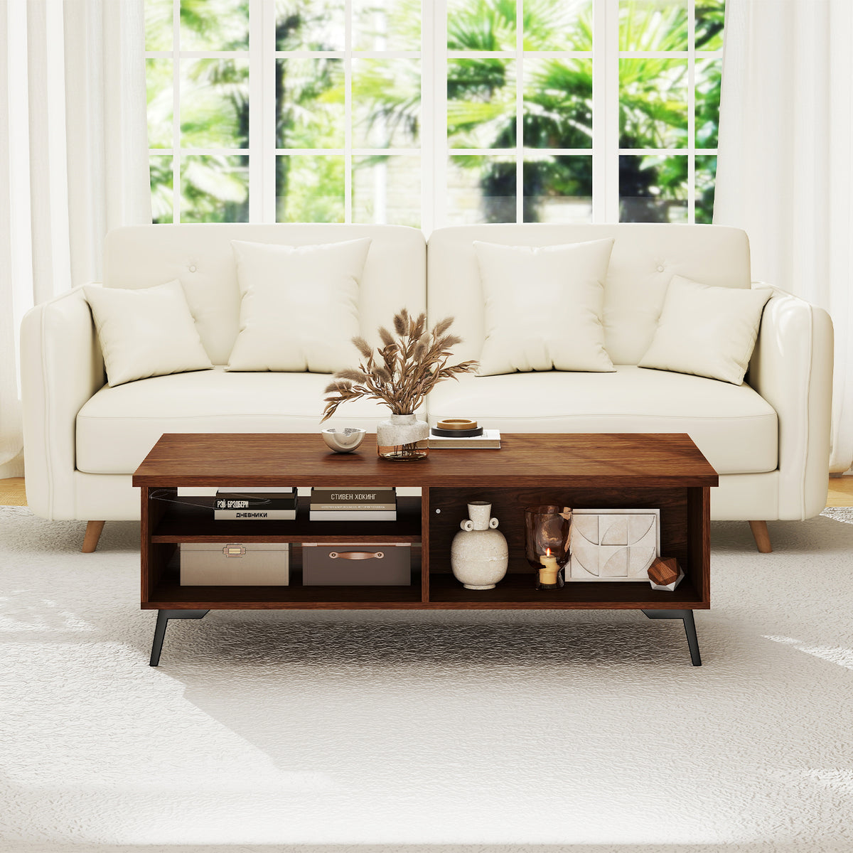 2-Tier Mid Century Modern Coffee Table with Storage - Walnut