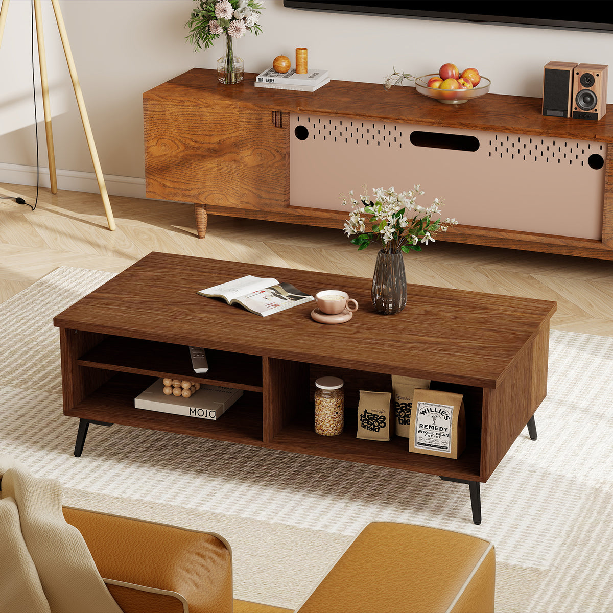 2-Tier Mid Century Modern Coffee Table with Storage - Walnut
