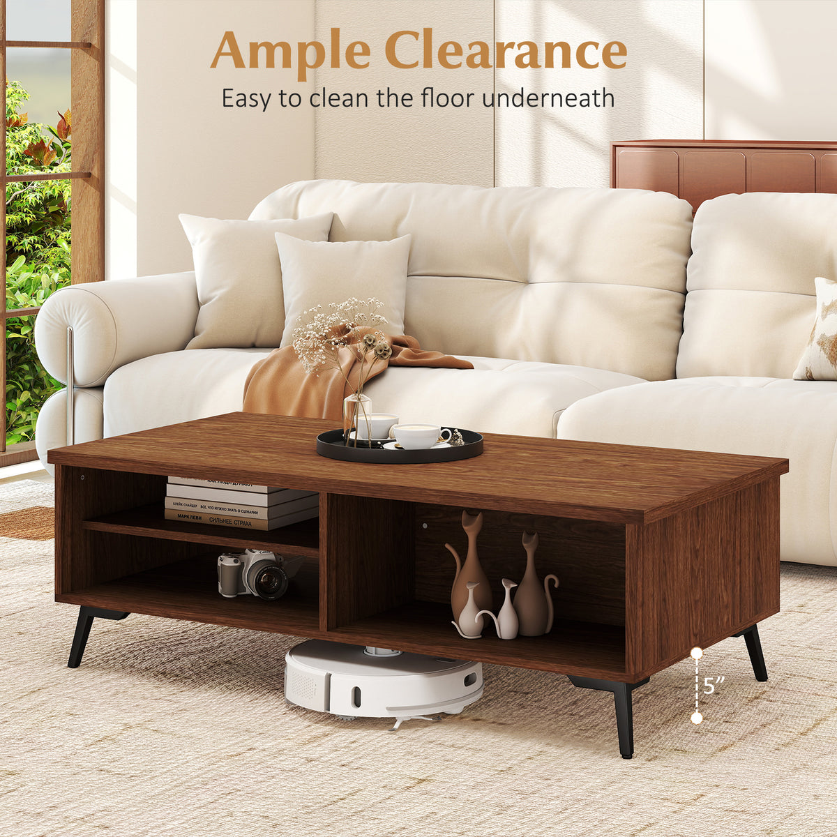 2-Tier Mid Century Modern Coffee Table with Storage - Walnut
