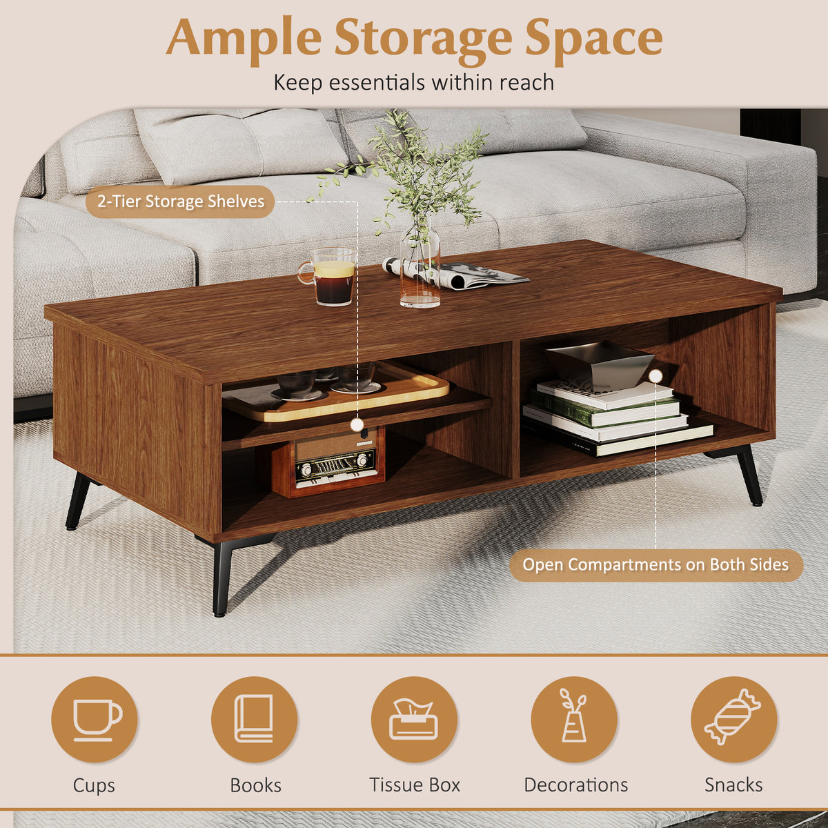 2-Tier Mid Century Modern Coffee Table with Storage - Walnut