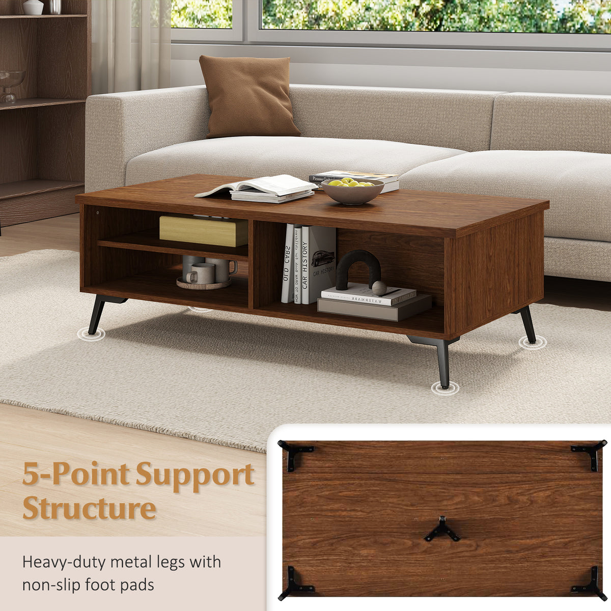 2-Tier Mid Century Modern Coffee Table with Storage - Walnut