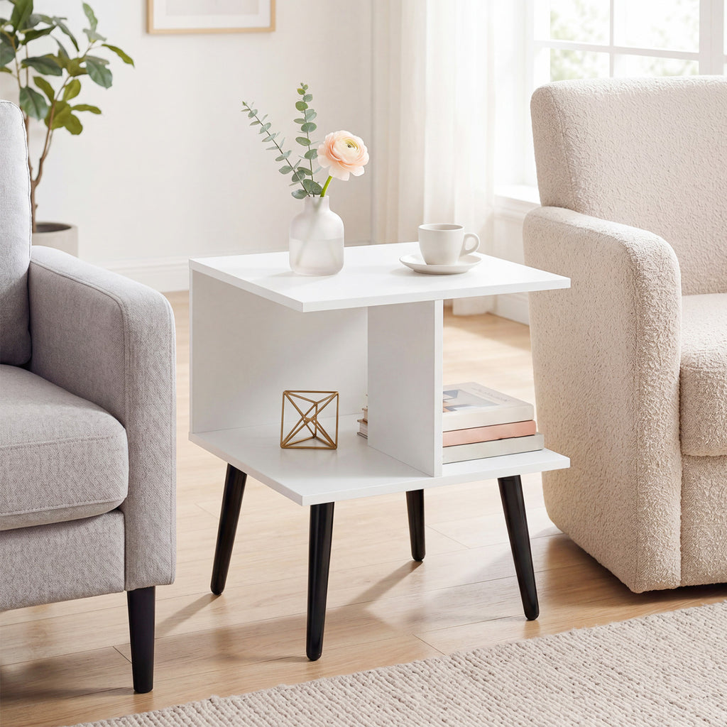 2-Tier End Table with Metal Legs, White