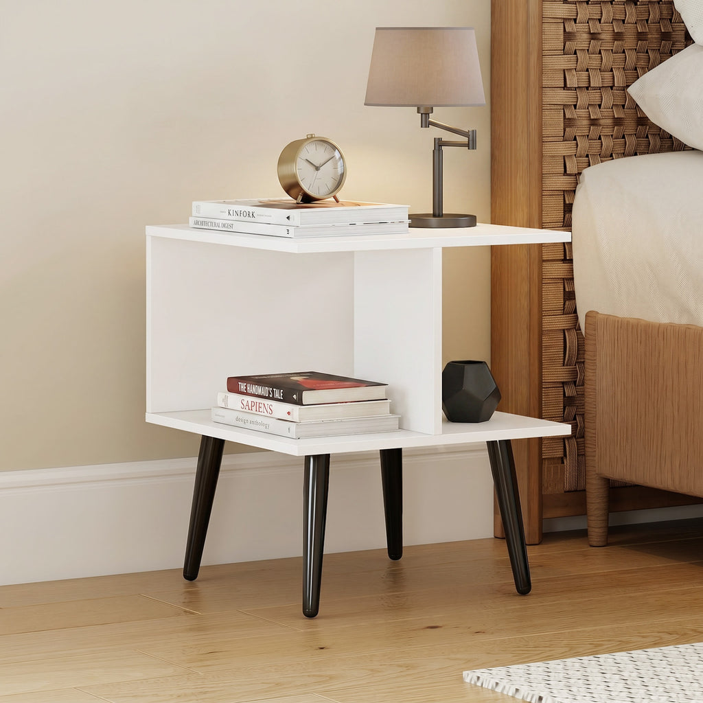 2-Tier End Table with Metal Legs, White