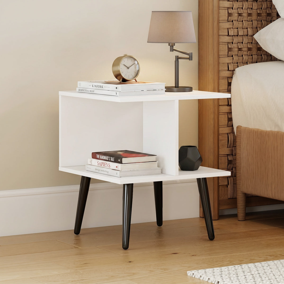 2-Tier End Table with Metal Legs, White