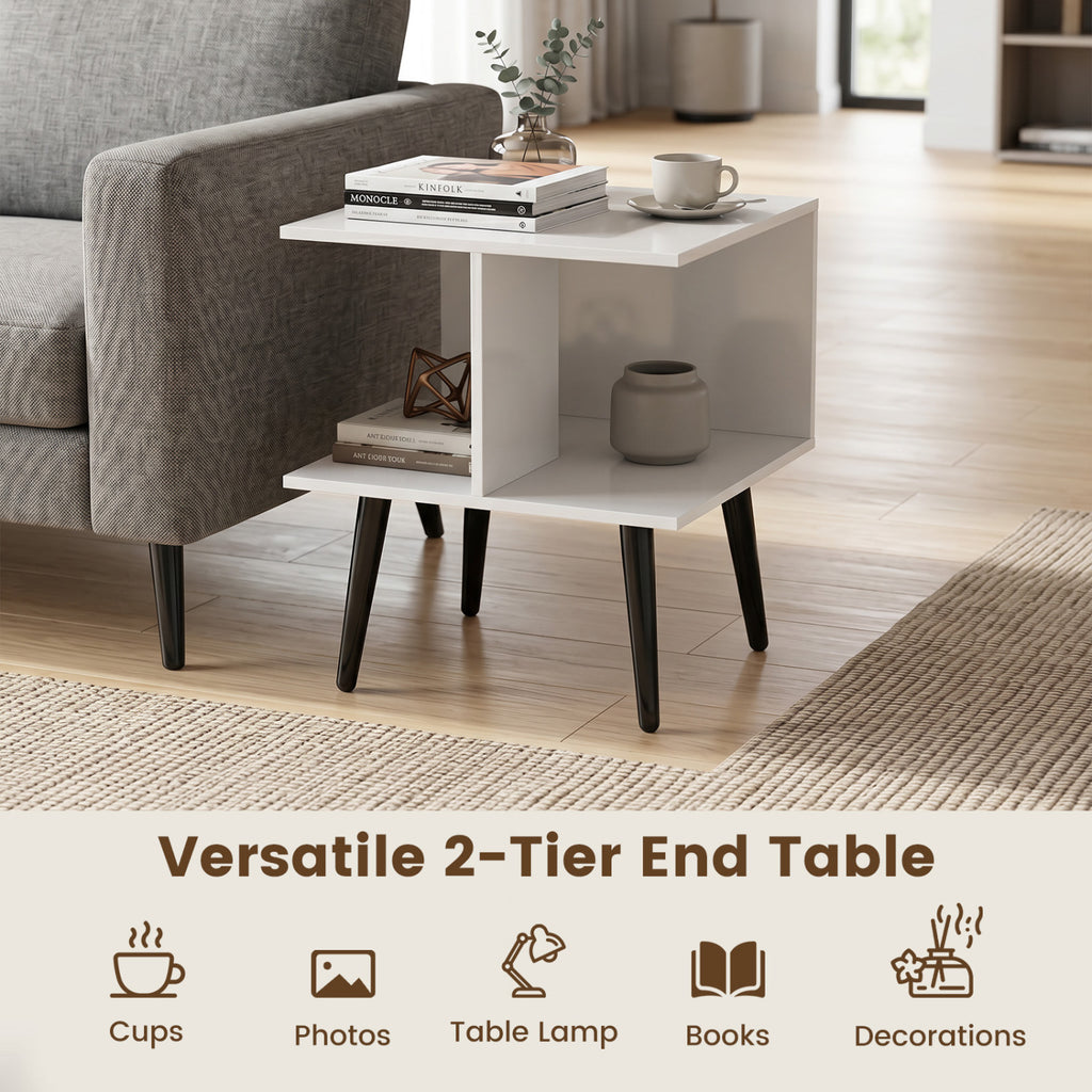2-Tier End Table with Metal Legs, White