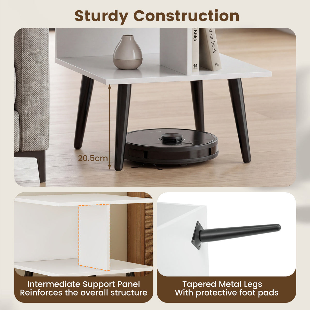 2-Tier End Table with Metal Legs, White