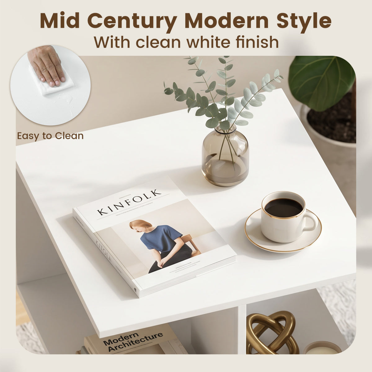 2-Tier End Table with Metal Legs, White