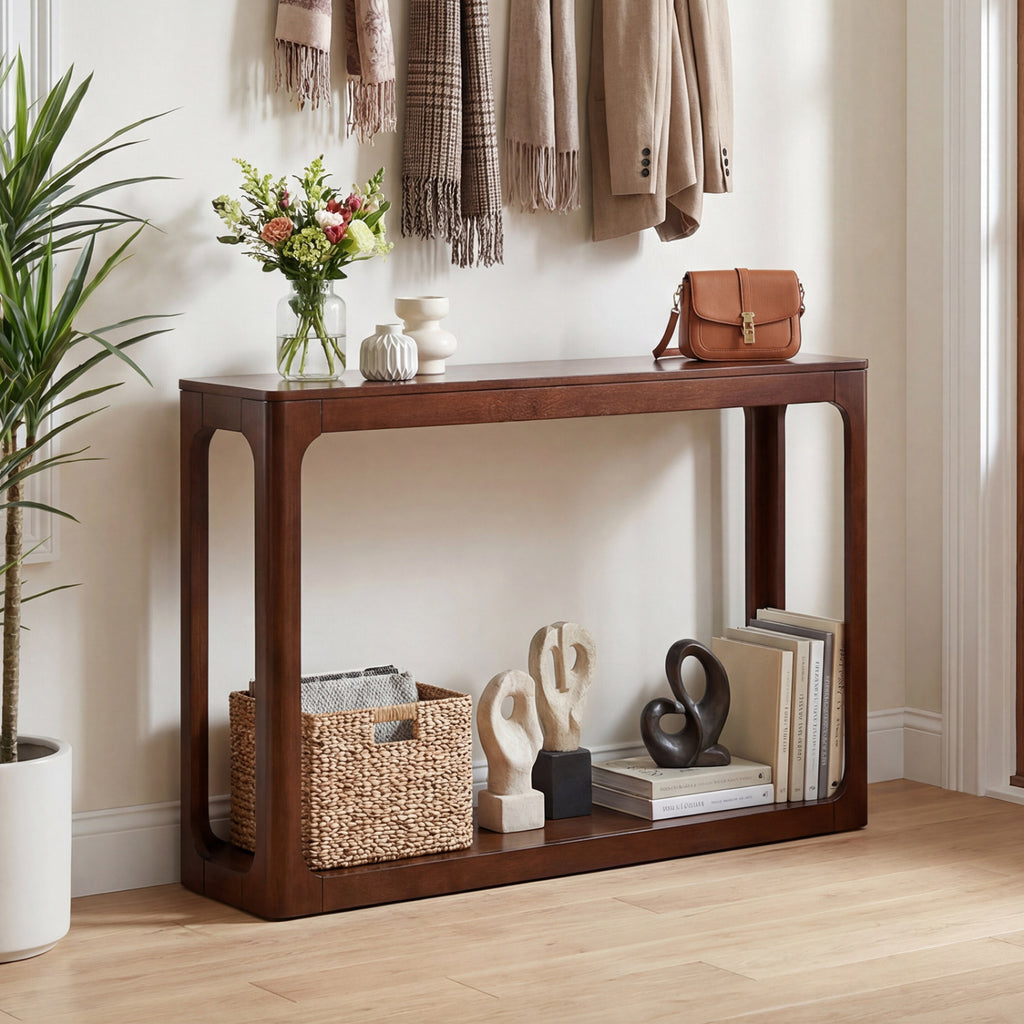 2-Tier Wood Console Table with Storage Shelf, Brown