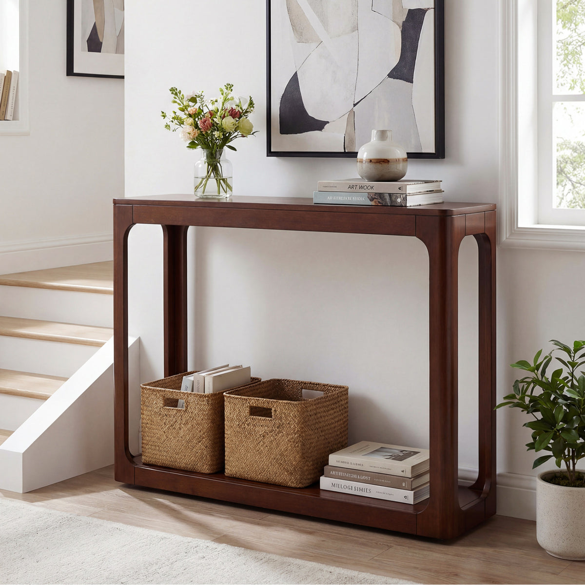 2-Tier Wood Console Table with Storage Shelf, Brown