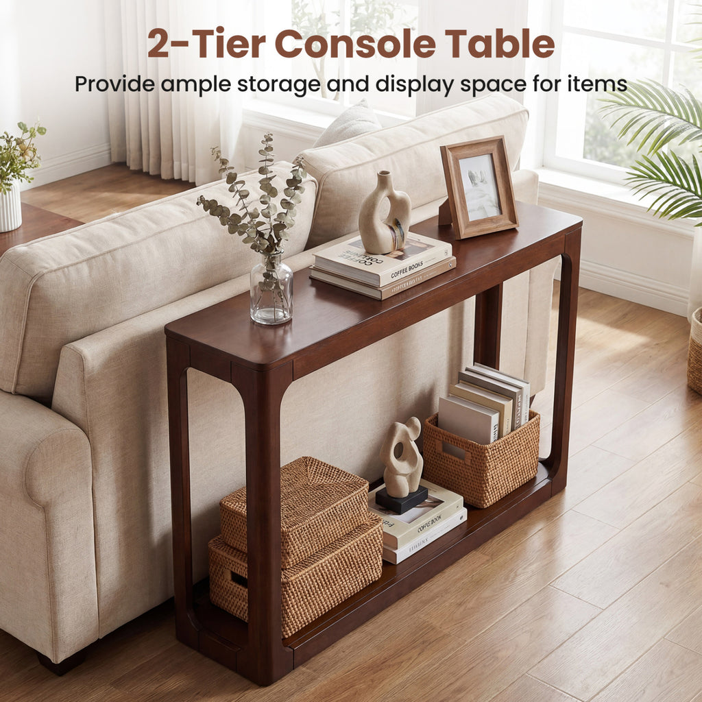 2-Tier Wood Console Table with Storage Shelf, Brown