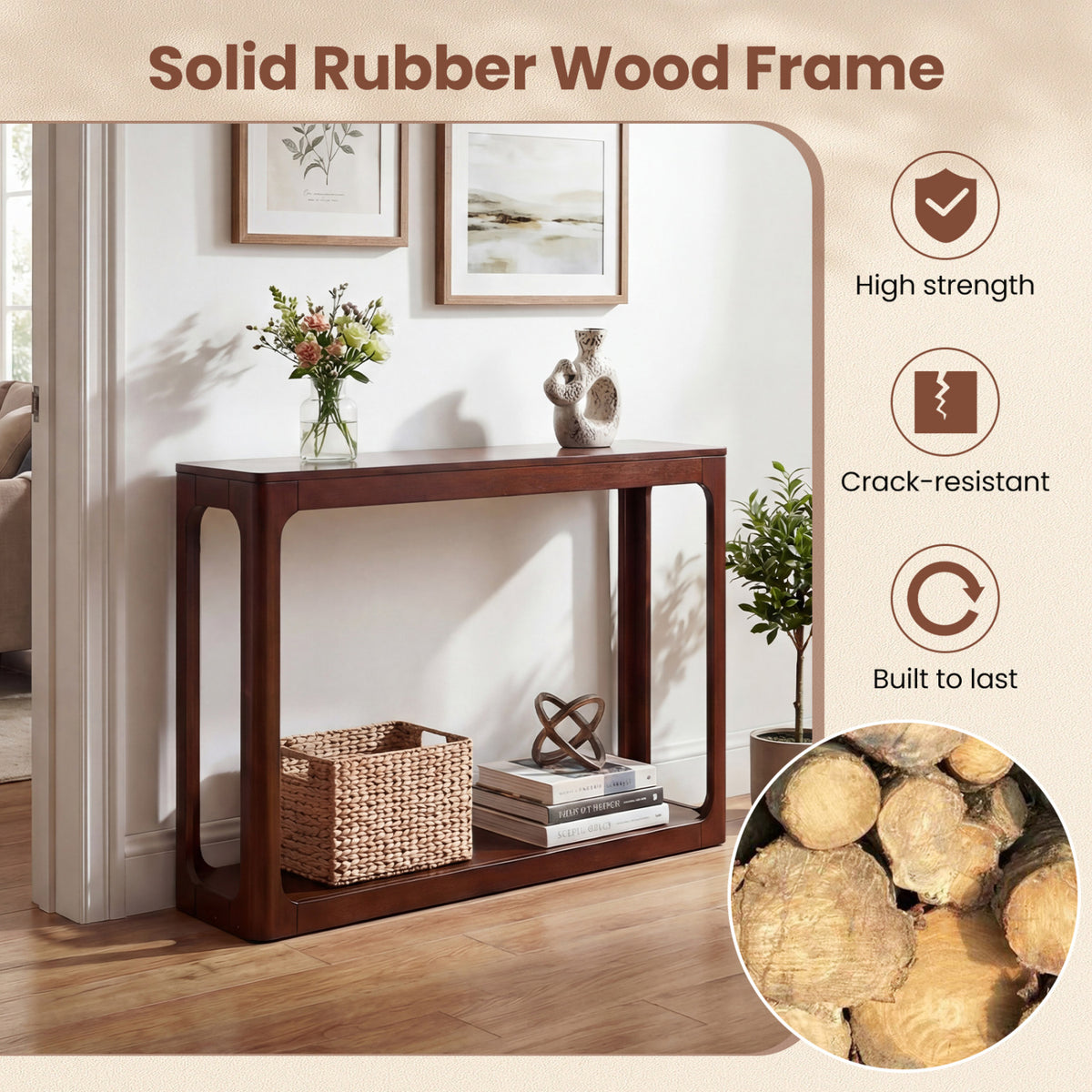 2-Tier Wood Console Table with Storage Shelf, Brown