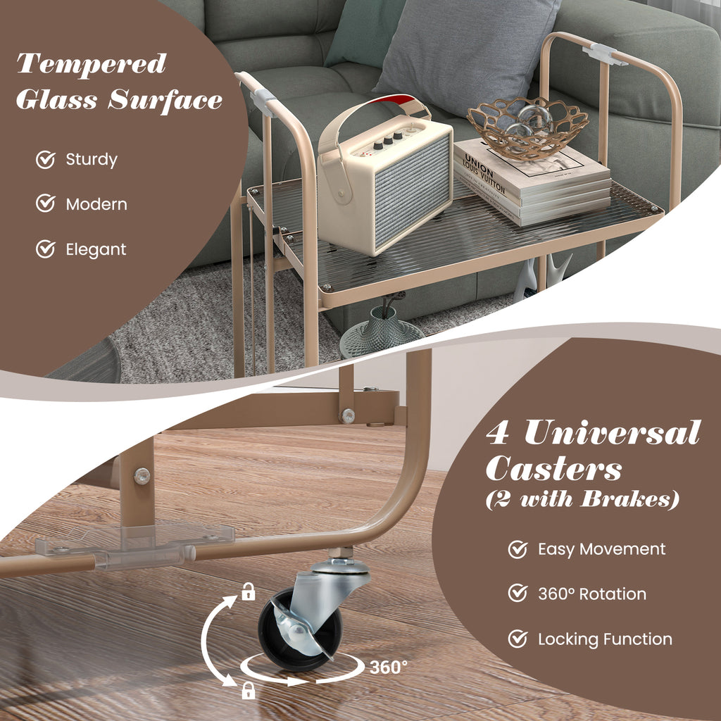 2-Tier Mobile Serving Cart with Tempered Glass Shelf - Golden