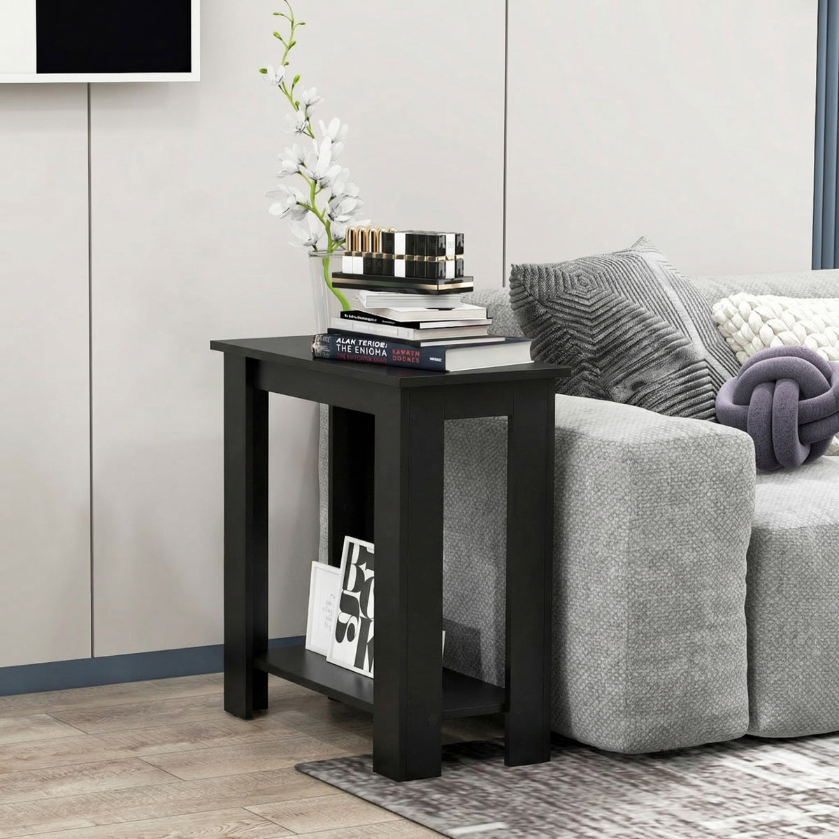2-Tier Modern Compact End Table, Black