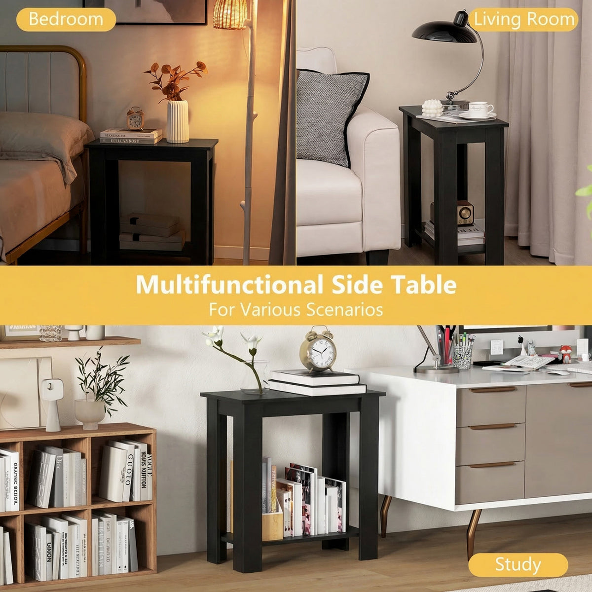 2-Tier Modern Compact End Table, Black
