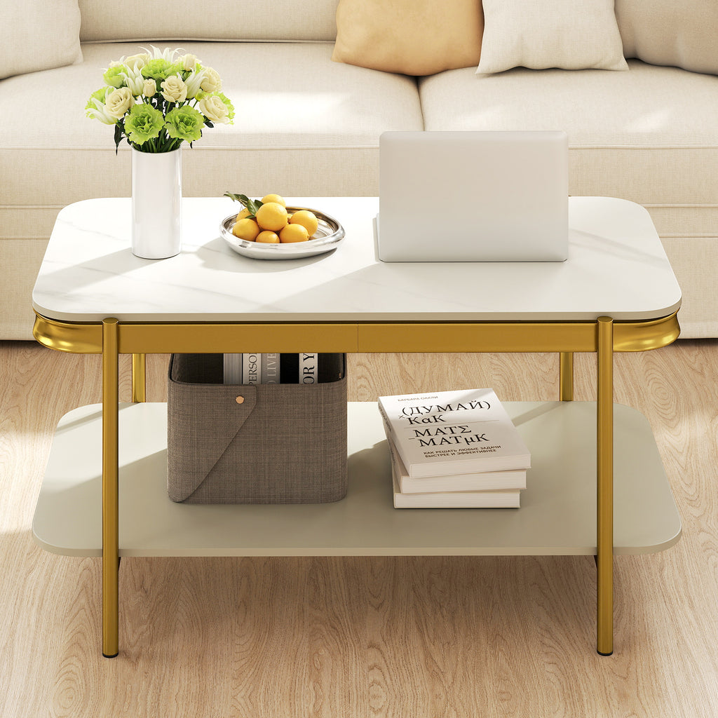 Modern Rectangular Coffee Table with Sintered Stone Top - White