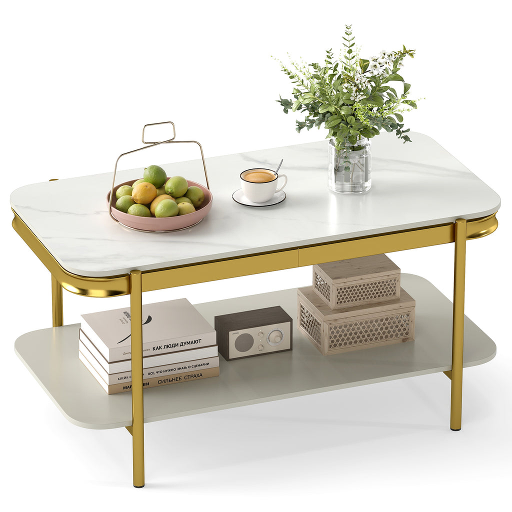 2-Tier Modern Coffee Table with Sintered Stone Top - White