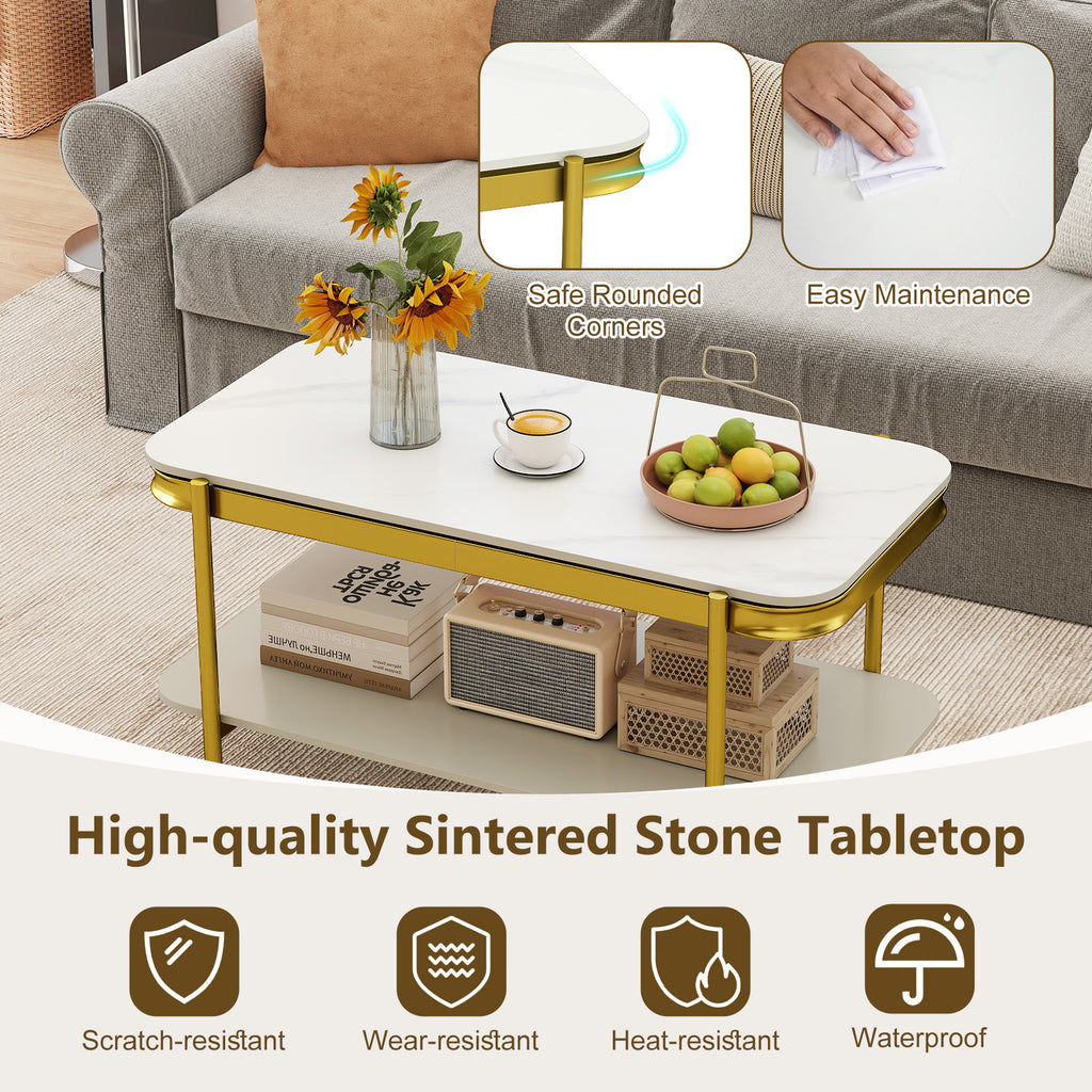 2-Tier Modern Coffee Table with Sintered Stone Top - White