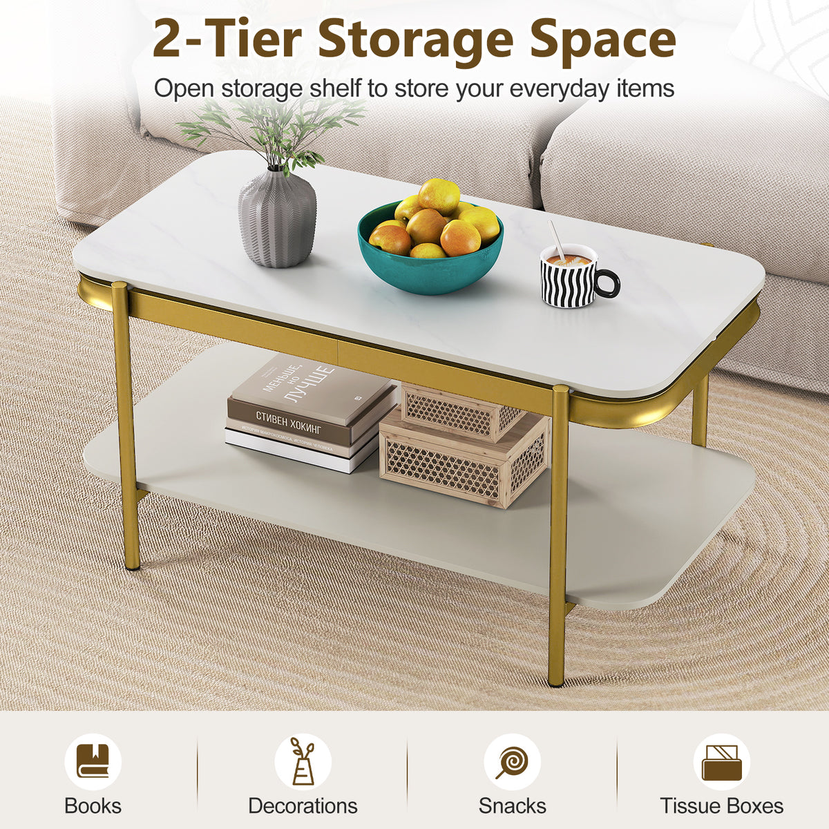 2-Tier Modern Coffee Table with Sintered Stone Top - White